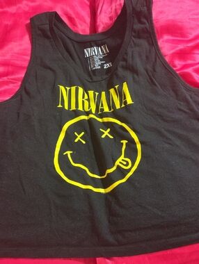NIRVANA Black Crop Tank Top with Yellow Smiley Logo